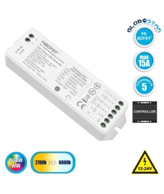 GloboStar® 73422 LS2 Mi-BOXER DC RF 2.4Ghz 5 in 1 Dimmer High Speed Controller - Dimmer 5 Καναλιών DC 12-24V 5 x 3A 72W - Max 15A 360W - IP20 RGBW+WW Μ13 x Π5 x Υ2.5cm - 5 Years Warranty
